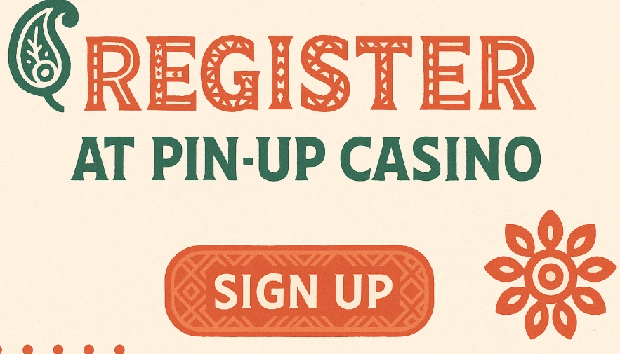 Illustration showing the text “Register at Pin-Up Casino” with a decorative Bangladeshi-style “Sign Up” button, traditional motifs, and ethnic patterns on a clean white background.