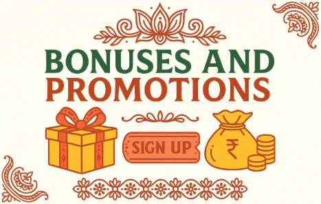 Illustration of Pin-Up Casino Bangladesh bonuses featuring a decorative gift box, gold coin bag, and ethnic Bangladeshi motifs in red, green, and gold colors on a white background.