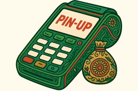 Illustration of a stylized payment terminal with Bangladeshi ethnic patterns in green, red, and gold, showing the text “Pin-Up” on the screen and a decorative money bag beside it.